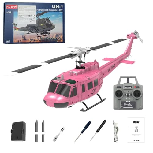 TechSpieler 1/48 C032 UH-1 Huey RC-Hubschrauber, 2,4 GHz, 6-Kanal, flybarless Flugzeugmodell mit optischer Flusspositionierung, Rückenflug und Bewaffnungsaufsatz (Rosa) von TechSpieler