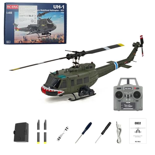 TechSpieler 1/48 C032 UH-1 Huey RC-Hubschrauber, 2,4G 6CH Flybarless-Flugzeugmodell mit optischer Flusspositionierung, Rückenflug und Bewaffnungsaufsatz (Vietnamkrieg-Haifischmaul) von TechSpieler