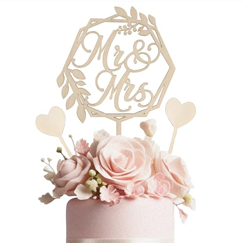 Mr & Mrs Cake Topper Tortendeko Hochzeit Holz Hochzeitstorte Deko Tortenstecker Hochzeitsdeko Torte Personalisiert Deko für Hochzeit Jubiläum Verlobung mit 2 Herz Cake Topper von Techchii