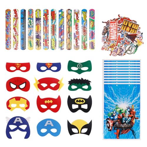 Techpinmin Kindergeburtstag Geburtstag Mitgebsel, 84 PCS Super Party Deko 12 Maske 12 Slap Armbänder 10 Geburtstagstüten und 50 Aufkleber Geburtstag Deko für Kinder Techpinmin Kindergeburtstag Geburtstag Mitgebsel, 84 PCS Super Party Deko 12 Maske 12 Slap Armbänder 10 Geburtstagstüten und 50 Aufkleber Geburtstag Deko für Kinder von Techpinmin