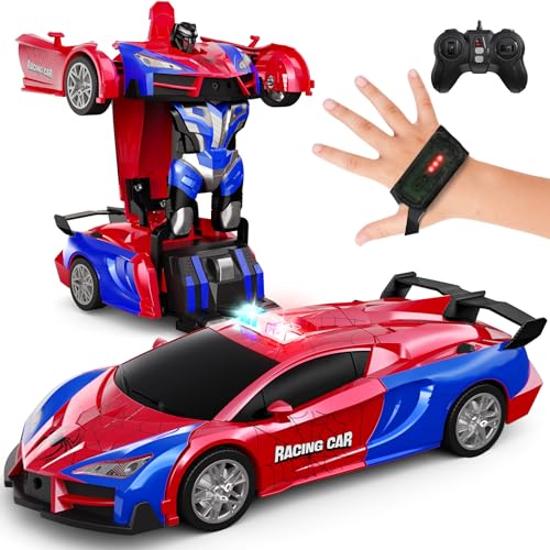 Tecnock 2 in 1 Ferngesteuertes Auto Transformator Gesten-Erkennung, 360°Drehung RC Autos für Kinder, 2.4GHz EIN Knopf Transform Roboter mit LED, Polizei Auto Spielzeug Geschenk für 8+ Jungen/Mädchen von Tecnock