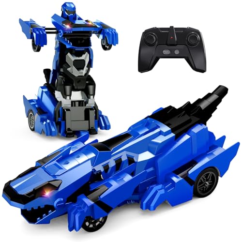 Tecnock 2025 Wiederaufladbares Ferngesteuertes Dinosaurier Auto 2,4 GHz mit EIN-Knopf-Transformation, 360°Drehung, Roboterauto Spielzeug mit LED-Lichtern Geschenk für 4-12 Jungen/Mädchen blau von Tecnock