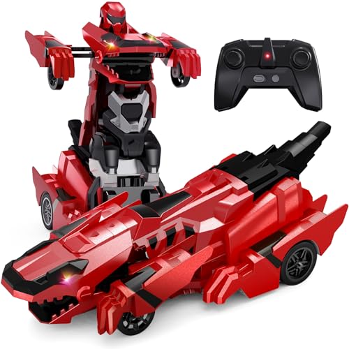 Tecnock 2025 Wiederaufladbares Ferngesteuertes Dinosaurier Auto 2,4 GHz mit EIN-Knopf-Transformation, 360°Drehung, Roboterauto Spielzeug mit LED-Lichtern Geschenk für 4-12 Jungen/Mädchen rot von Tecnock