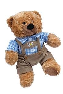 Teddys Rothenburg Trachten-Teddy blond 22 cm blaues Hemd und brauner Lederhose Plüschteddy von Teddys Rothenburg