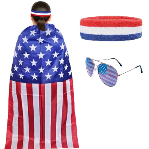 3-teiliges patriotisches Kostümzubehör-Set, inklusive Umhang mit USA-Flagge, rot-weiß-blaues Stirnband und Sonnenbrille mit amerikanischer Flagge, für den 4. Juli, Unabhängigkeitstag, Veteranentag 3-teiliges patriotisches Kostümzubehör-Set, inklusive Umhang mit USA-Flagge, rot-weiß-blaues Stirnband und Sonnenbrille mit amerikanischer Flagge, für den 4. Juli, Unabhängigkeitstag, Veteranentag von Tedercle