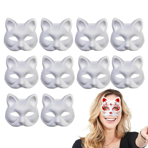 Tedious Bemalbare Katzenmaske, Weiße Katzenmaske | 10 Stück DIY Katzenform weiße Anziehmasken | Halbe Gesichtsbedeckung, Cosplay-Requisiten für Halloween, Karneval, Partygeschenke, Katzenmaske von Tedious