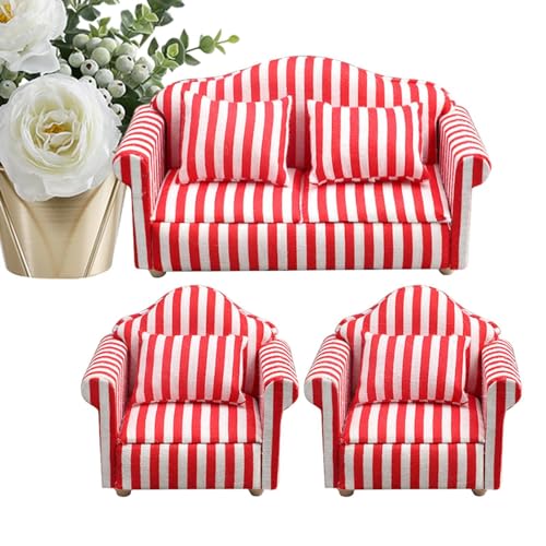 Tedious Puppenhaus-Couch mit Kissen, Puppenhaus-Sofa-Set - -Puppenhausmöbel im Maßstab 1:12, Couch und Stuhl,Hochsimulierte Miniaturmöbel, Puppenhaus-Wohnzimmermöbel mit roten und weißen Streifen von Tedious