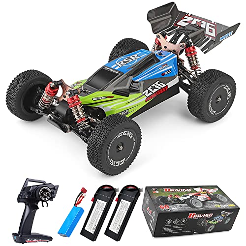 Teeggi WLtoys 144001 Ferngesteuertes Auto, 2600mAh Batterie Aufrüsten 1/14 RC Geländewagen 4WD 60KM/H RC Hohe Geschwindigkeit Offroad Drift 45 Min Fahrvergnügen 3 Batterien (Blau) von Teeggi