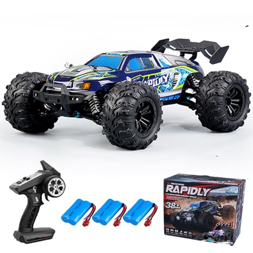 Teeggi Ferngesteuertes Auto 50km/h,2.4G RC Hohe Geschwindigkeit Offroad Drift Rennauto,1:16 Kohlebürste Motor 4WD Off Road Race Buggy für Erwachsene,3 Batterien 16101(Blau) von Teeggi