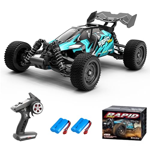 Teeggi Ferngesteuertes Auto 70km/h, Bürstenloser Motor RC Hohe Geschwindigkeit Offroad Drift Rennauto, 4WD Off Road Race Buggy für Erwachsene, 2 Batterien (Blau) von Teeggi