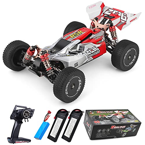 Teeggi WLtoys 144001 Ferngesteuertes Auto, 2600mAh Batterie Aufrüsten 1/14 RC Geländewagen 4WD 60KM/H RC Hohe Geschwindigkeit Offroad Drift 45 Min Fahrvergnügen 3 Batterien (Rot) von Teeggi