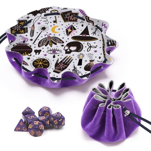 Teeloray 2 in 1 Würfelbeutel, Dice Box, DND Dice Bag, Faltbar Würfelunterlage und Würfeltasche mit Kordelzug und 7st Dice für Dungeons und Dragons RPG Würfel Gaming D&D, Andere Tischspiele von Teeloray