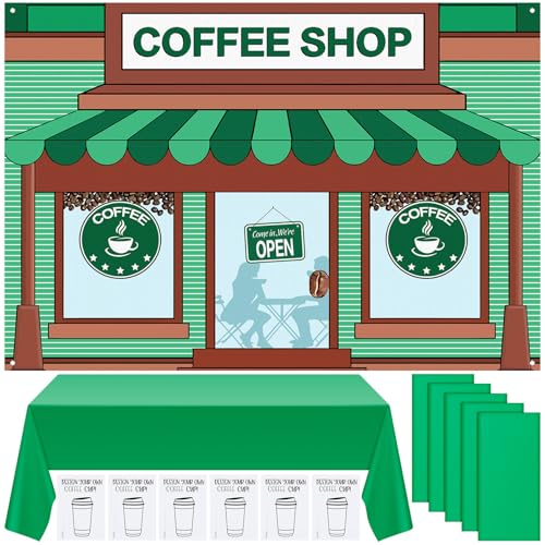 Tegeme 37-teiliges Café-Klassenzimmer-Dekor, inklusive Café-Hintergrund, grüne Tischdecke und Tassen-Design-Karten, Café-Klassen-Dekor für Schule, Klassenzimmer, Transformationsaktivitäten von Tegeme