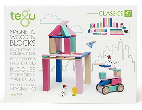 TEGU 5700612 Holzbausteine magnetisch, Pink, Holzspielzeug für Kinder ab 12 Monate, Mehrfarbig, 42 Teile von Tegu