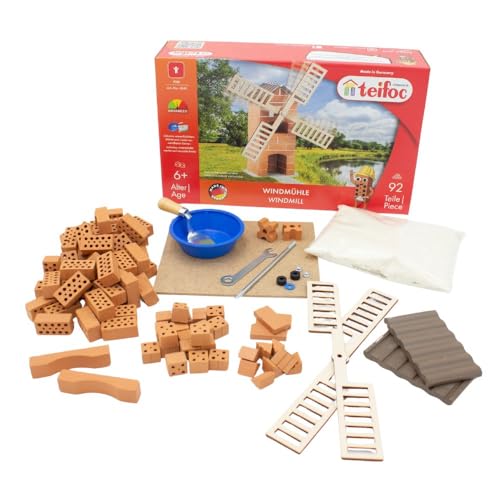 Teifoc TEI 4040 Steinbaukasten - Windmühle für Kinder ab 6 Jahren, Bastelset für Mädchen und Jungen mit Mini Ziegelsteinen und Mörtel, DIY Motorikspielzeug mit 100 Bauteilen von Teifoc