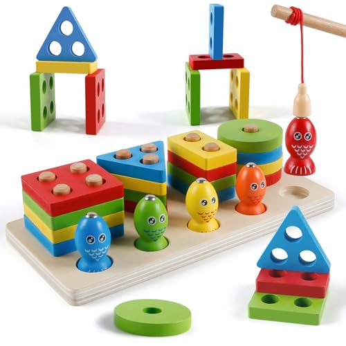 Teklemon Montessori Spielzeug ab 1 2 3 Jahre, Holz Sortier und Stapelspielzeug Steckpuzzle für 12+ Monate Baby Jungen/Mädchen Magnetisch Fischereispielzeug Geometrische Baukasten Shape Sorter Puzzles von Teklemon