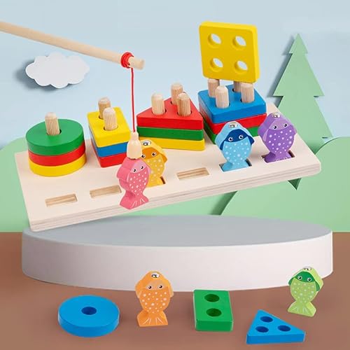 Teklemon Montessori Spielzeug ab 1 Jahr, Holz Sortier & Stapelspielzeug mit Angelspiel Steckpuzzle Aktivitäts & Entwicklungsspielzeug Lernspielzeug aus Holz für 12+ Monate Baby Jungen & Mädchen von Teklemon