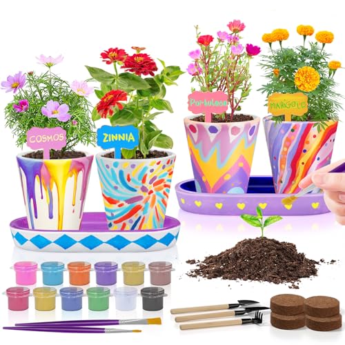 Tekoly 4er-Set Malen und Pflanzen von Keramik-Blumen, Basteln für Mädchen 8–12 Jahren, Experimente Gartenset Kinder, Spielzeug Geschenke für Mädchen und Jungen von 6 7 8 9 10 11 12, Ostern Geschenke von Tekoly
