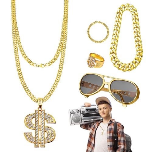 Teksome 5 Stück 80s 90s Hip Hop Kostüme Outfit, 5 Stück Rapper Kostüm Zubehör - Fake Gold Kette Armband Ring Sonnenbrille Halskette, 90er Jahre Thema Outfit von Teksome