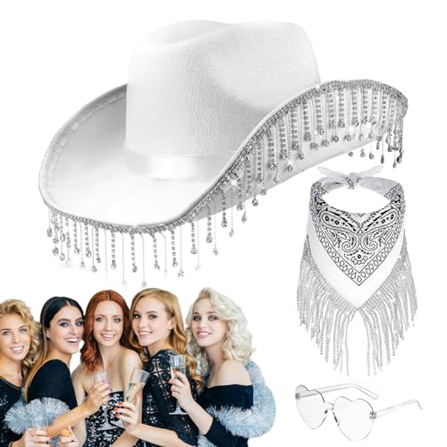 Teksome Cowgirl-Hüte mit Strasssteinen für Frauen – Set Western-Cowboyhut mit herzförmiger Sonnenbrille, Herz-Brille, Halloween-Maskerade, Abschlussfeier, Cosplay-Zubehör von Teksome