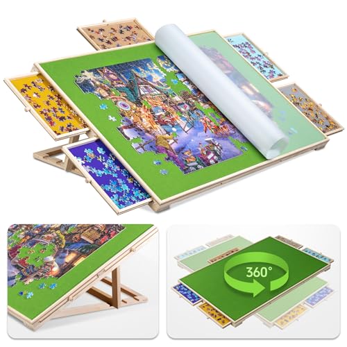 Tektalk 2-in-1 neigbares und drehbares Puzzlebrett mit 5 farbigen Schubladen, tragbarer Puzzle-Tisch für Erwachsene, Holz-Puzzle-Plateau mit Lazy Susan und Abdeckung, für bis zu 1500 Teile von Tektalk