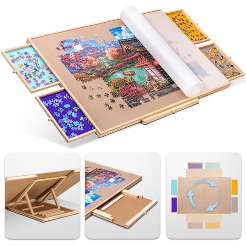 Tektalk Drehbarer Puzzletisch mit integriertem verstellbarem Ständer/Halterung und abnehmbarer Abdeckung, 3 Neigungswinkel Holzplateau, tragbares Puzzlebrett mit 4 Sortierschubladen, für bis zu 1500 Tektalk Drehbarer Puzzletisch mit integriertem verstellbarem Ständer/Halterung und abnehmbarer Abdeckung, 3 Neigungswinkel Holzplateau, tragbares Puzzlebrett mit 4 Sortierschubladen, für bis zu 1500 von Tektalk