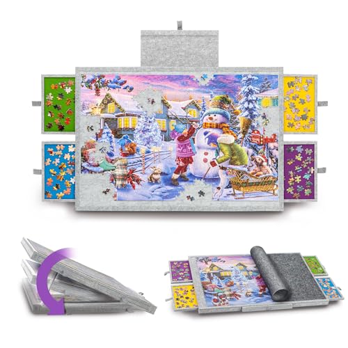 Tektalk Puzzletisch mit integriertem verstellbarem Ständer/Halterung, 3-Kippwinkel, superleichtes Filzpuzzle-Plateaubrett mit Abdeckung und 4 Sortierschubladen, für bis zu 1000 Teile - Light Gray von Tektalk