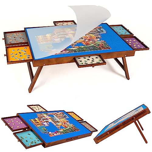 Tektalk Puzzletisch mit klappbaren Tischbeinen &; kippbarem Ständer, Puzzlebrett mit PP-Abdeckung &; 6 bunten Schubladen, einsetzbar für 1500, 1000, 500 Puzzleteile von Tektalk