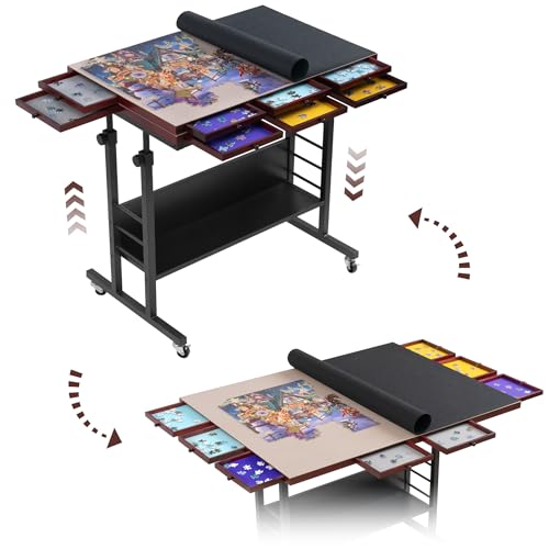 Tektalk Puzzletisch mit klappbarer Tischplatte, Höhenverstellung, Puzzlebrett mit 2 Filzbezug & 8 Sortierschalen, umschlossen mit 4 Rollenrädern, für bis zu 2000 Puzzleteile (schwarz) von Tektalk