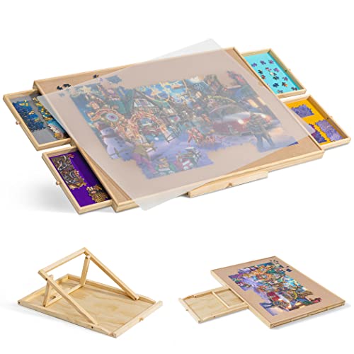 Tektalk tragbarer Holzpuzzletisch/Plateau/Board mit integriertem verstellbarem Ständer/Halterung, transparenter PP-Abdeckung, 4 Sortierschubladen für bis zu 1500 Stück von Tektalk