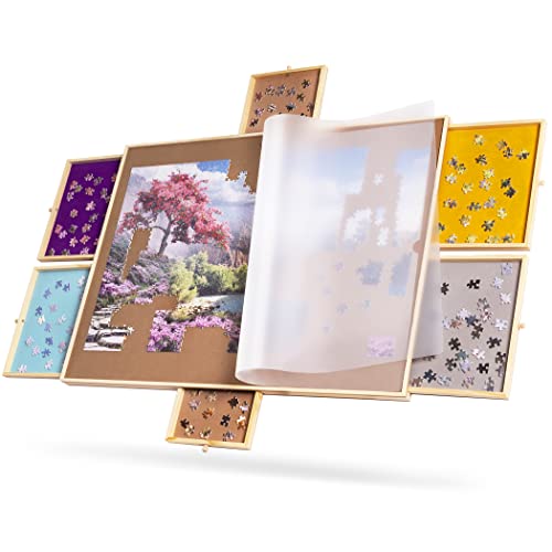 Tektalk tragbarer hölzerner Puzzletisch mit Abdeckung, Puzzle-Plateau, Puzzle-Board mit 6 bunten Schiebeschubladen für bis zu 1500 Teile Puzzles von Tektalk