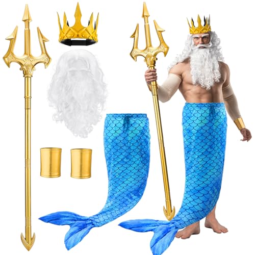 Tellingyou 6-teiliges Halloween-Poseidon-Kostüm-Set, Meer-Kostüm, Neptune, Merman, Gott des Meeres, Cosplay für Herren und Erwachsene (XL) von Tellingyou