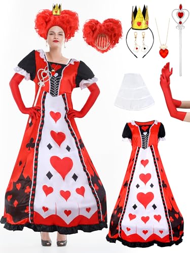 Tellingyou 8-teiliges Halloween-Kostüm-Set, rotes Damenkleid, Herz, Krone, Stange, Perücke, Königin, Cosplay-Zubehör für Frauen (XXXL) von Tellingyou