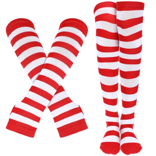 Rot Weiß Gestreifte Kniestrümpfe Weihnachten Fingerlose Handschuhe Damen Weihnachtssocken Gestreifte Kniestrümpfe und Ärmel Set Weihnachtsoutfit Sport Feiertags Mottoparty Weihnachts Zubehör von Telooco