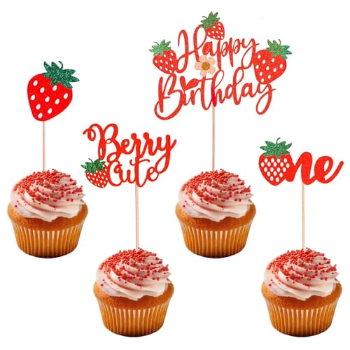 Telooco 25 Stück Erdbeer Cupcake Topper Glitzer Rot Hochzeit Tortendeko Kuchen Dekorationen Erdbeerkuchen Torten Topper Geburtstag Sommer Erdbeer Kuchen Deko Geburtstag Babyparty Geschenk von Telooco