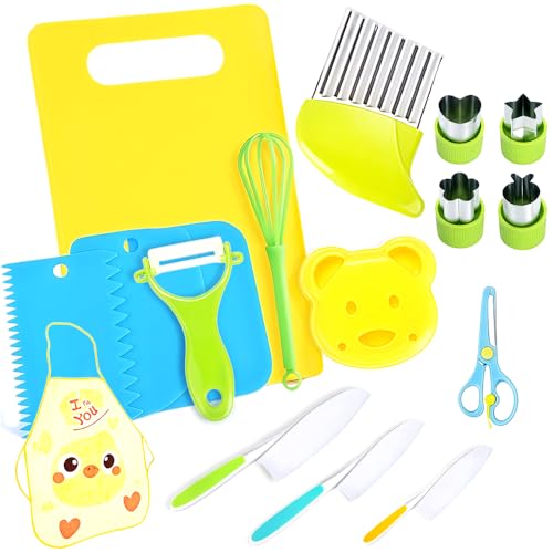 Kindermesser Set 17-teilig | Montessori Küchenspielzeug für Kinder ab 2 Jahre | Sicherer Kinderkochset zum Schneiden von Obst & Gemüse | Lernspielzeug für Kleinkinder (2-6 Jahre) von Temesser