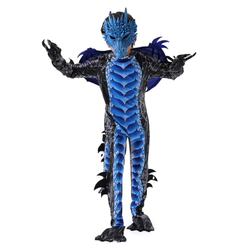 Temolie Performance Kostüm Kind Junge Drachen Kostüm, Cosplay Drachen Flügel und Maske, Halloween Anzug Drachen Anzug für Jungen für Parteien (blue, M (8-10 Years)) von Temolie