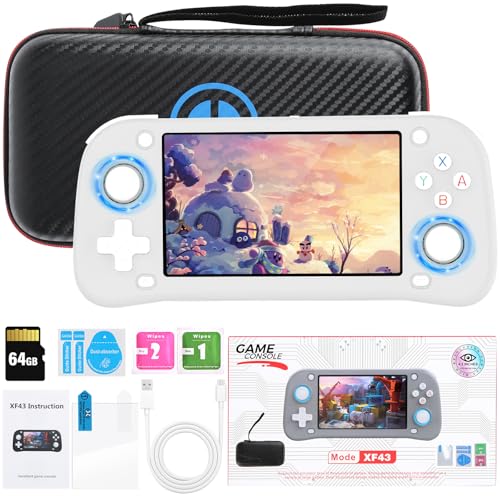 XF43 Handheld Spielkonsole, 64GB 1,5w+ Spiele Open-Source-Linux-System 30 Emulatoren Retro Handheld, 4,3 Zoll IPS, 3000 Mah Akku Retro Spielekonsole für Jungen und Mädchen (64GB-Weiß) von Temoo