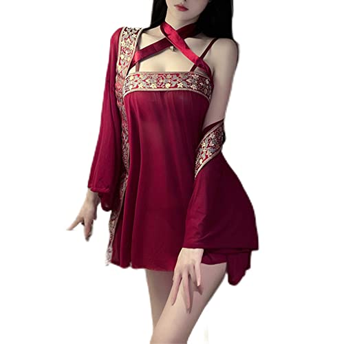 Temptshow Frauen Sexy chinesischen Stil Perspektive Dessous Cosplay Frauen bestickt Hanfu Kleid (Claret) von Temptshow