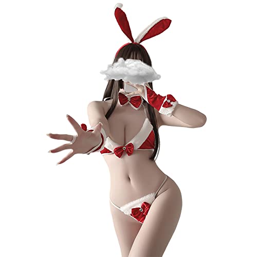 Temptshow Kaninchen Sexy Cosplay Party Unterwäsche Japanische Niedliche Bikini Unterwäsche Häschen Ohren Kopf Schwanz Ostern Kostüm (Rot) von Temptshow
