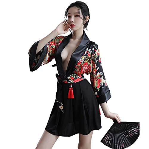 Temptshow Cosplay Japanische Geisha-Kimono Dessous Sexy Cardigan Print Straffe Taille Anzug Yukata, schwarz, Einheitsgröße von Temptshow