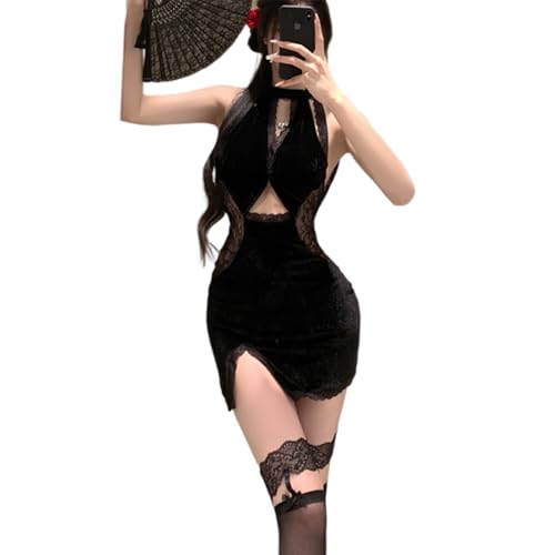 Temptshow Damen Chinesischer Stil Kleid Cosplay Spitze Retro Qipao Schlitz Samt Unterwäsche (Schwarz1) von Temptshow