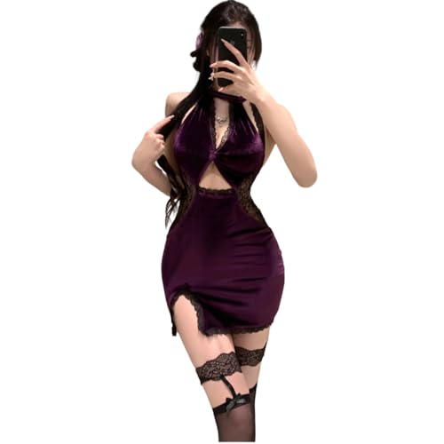 Temptshow Damen Chinesischer Stil Kleid Cosplay Spitze Retro Qipao Schlitz Samt Unterwäsche (Violett) von Temptshow