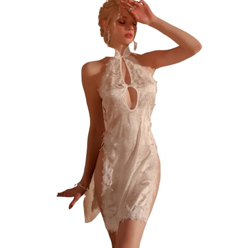 Temptshow Damen Chinesischer Stil Kleid Cosplay Spitze Retro Qipao Schlitz Samt Unterwäsche (Weiß1) von Temptshow