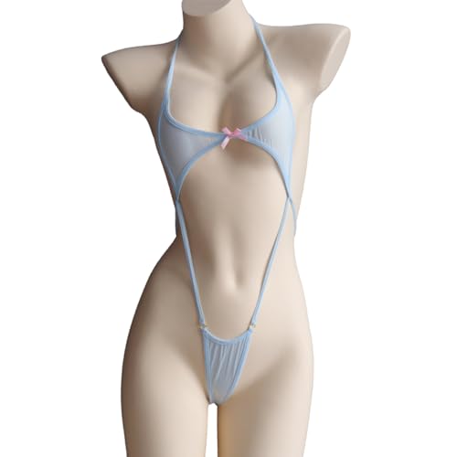 Temptshow Damen Cosplay Japanische Anime Niedlich Enge Unterwäsche Halloween Aushöhlen Jumpsuit Eisseide Ultradünner Bikini (Babyblau), Einheitsgröße von Temptshow