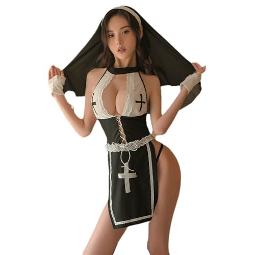 Temptshow Damen Cosplay Nonne Unterwäsche schelmisch Anime Dienstmädchen Hoher Schlitz Sexy Kleid (Schwarz5), Einheitsgröße von Temptshow