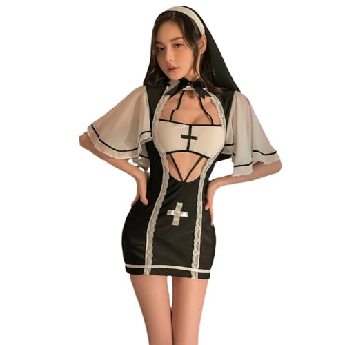 Temptshow Damen Cosplay Nonne Unterwäsche schelmisch Anime Dienstmädchen Hoher Schlitz Sexy Kleid (Schwarz7), Einheitsgröße von Temptshow