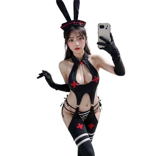 Temptshow Damen Sexy Offener Schnitt Eng Elastisch Overall Japanische Anime Bunny Girl Unterwäsche (Schwarz4) von Temptshow