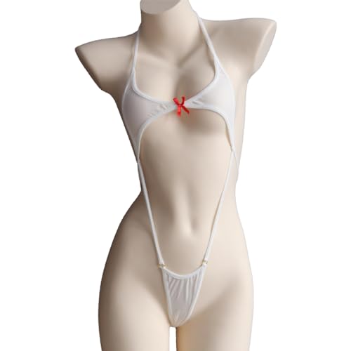 Temptshow Frauen Cosplay Japanische Anime Niedliche Enge Unterwäsche Halloween Ausgehöhlter Overall Eisseide Ultradünner Bikini (Weiß) von Temptshow