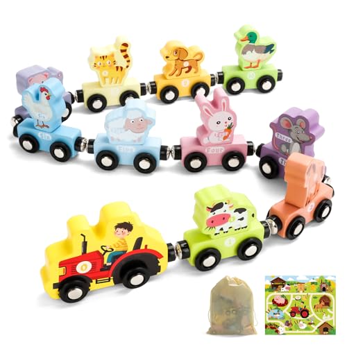 TenFans Montessori Holz-Zug mit Magneten & Tieren für Kinder ab 2 3 4 Jahre - 11-teiliges Lernspielzeug, Geburtstagsgeschenk für Jungen/Mädchen von TenFans